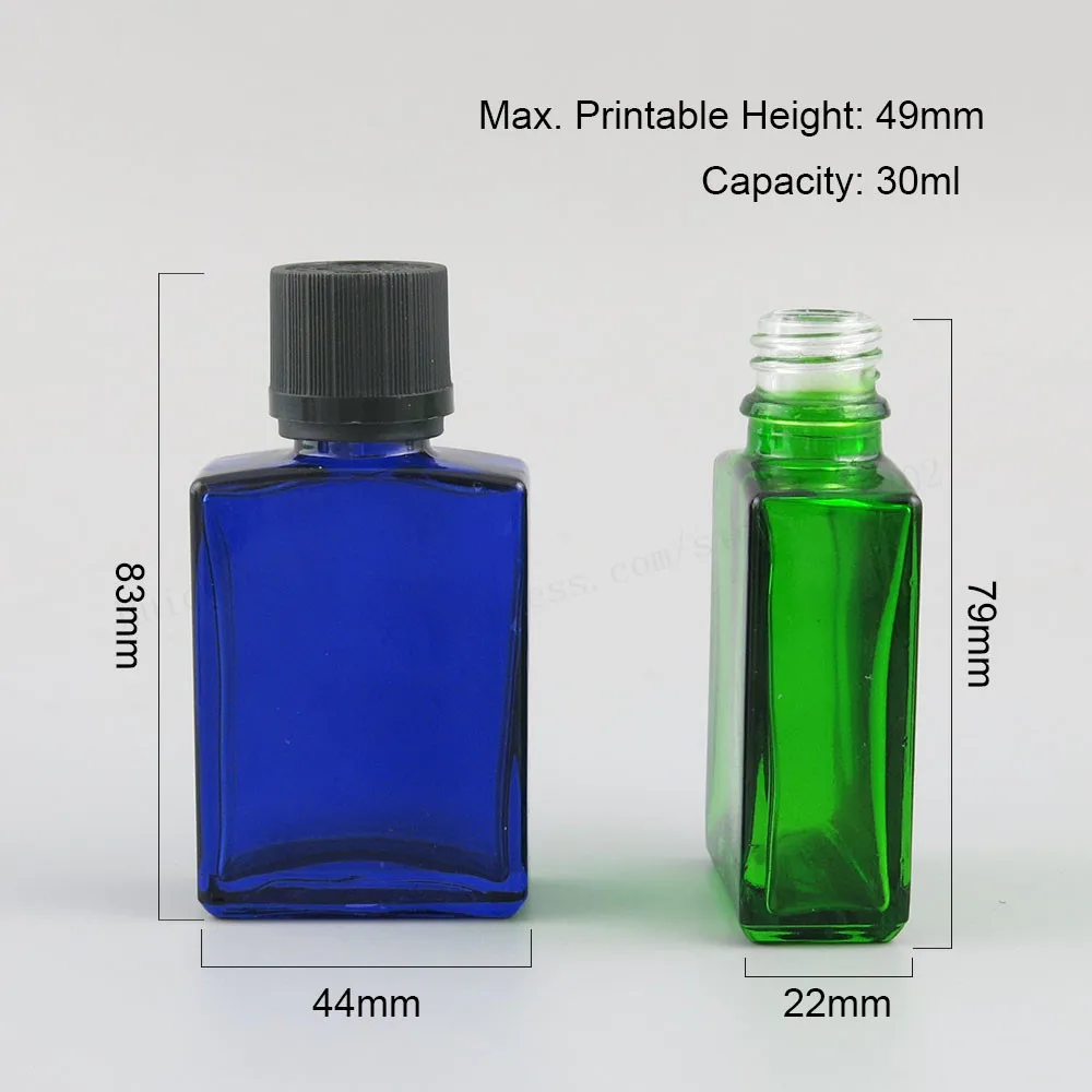 200 x 30ml 1oz Flat Square Glass Bottle With Black Tamper Evident Childproof Cap Blue Green Red Clear White Amber Black Color