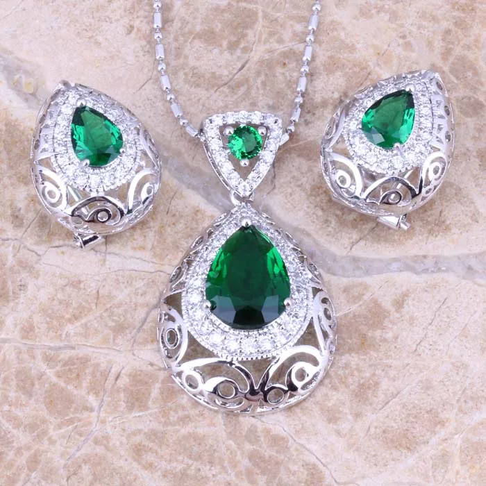 Marvelous Green Cubic Zirconia White CZ Silver Plated Earrings Pendant Necklace Jewelry Sets S0742