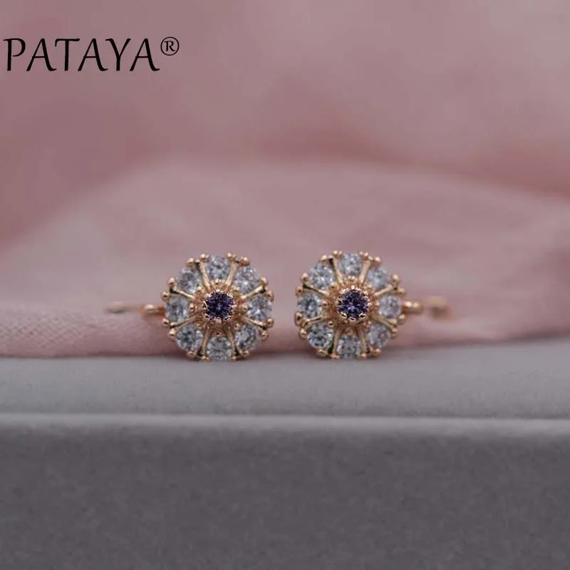 PATAYA New Lotus Drop Earrings 585 Rose Gold Color Natural Zircon Earrings Women White Wedding Jewelry Bridal Blue Drop Earrings