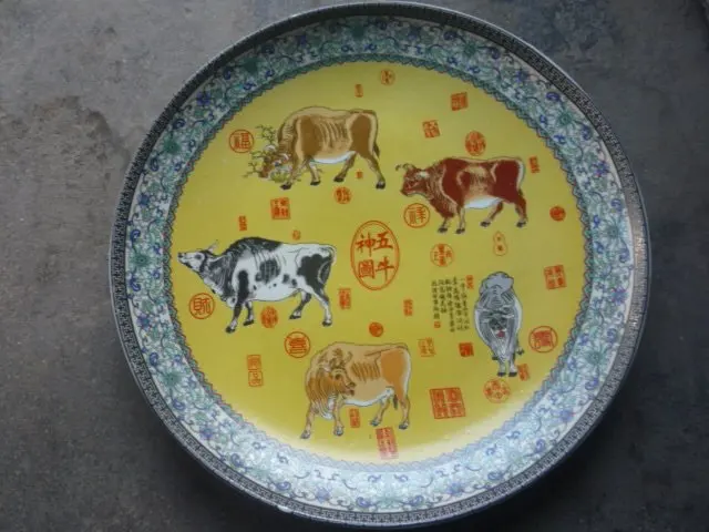 34cm(d) Rare Qing Dynasty  porcelain plate ,five cow,Free shipping