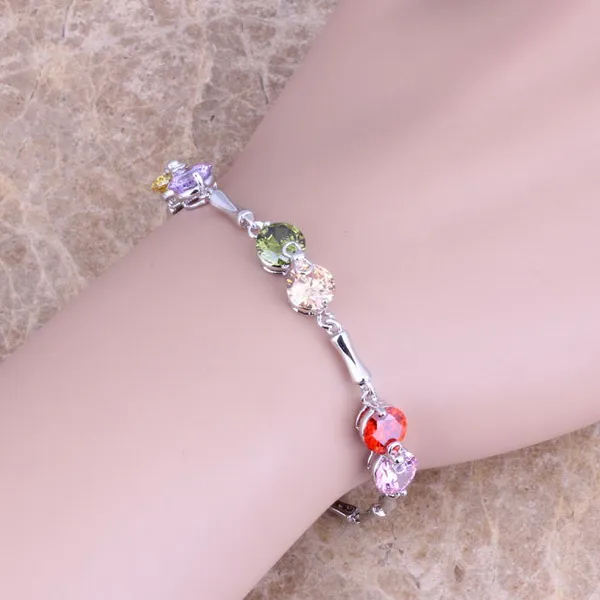 Multicolor Green Peridot Silver Plated Link Chain Bracelet 7 - 8 inch S0258