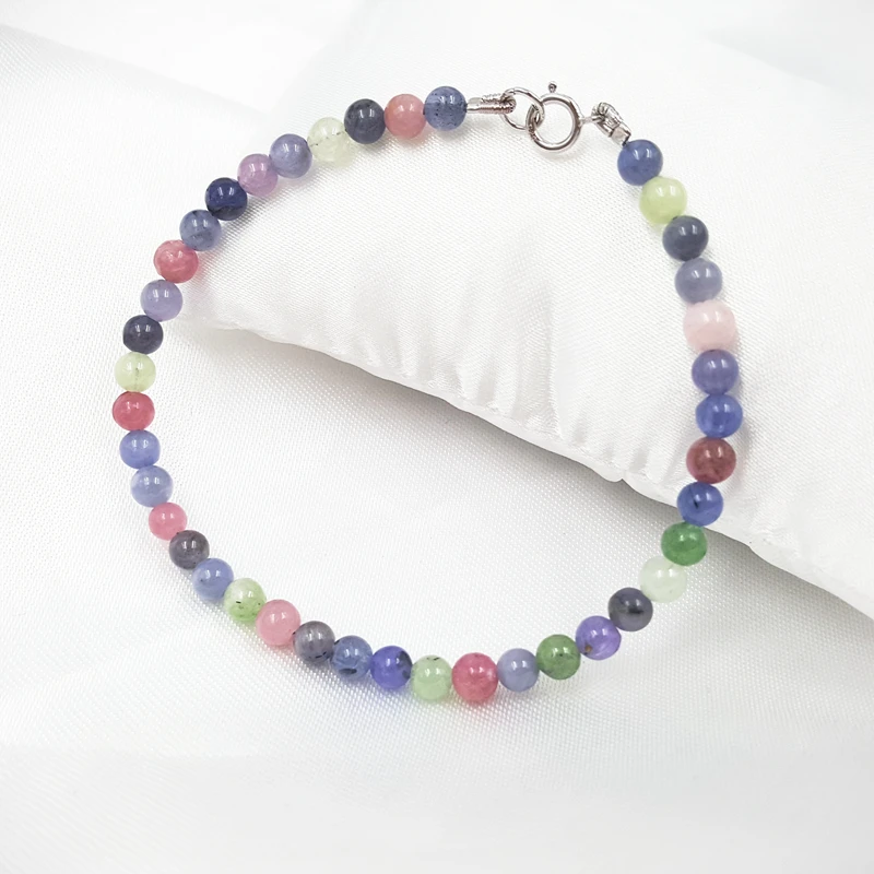 LiiJi Unique Natural Stone Mutil Color Tanzanite Beryl Tourmaline Approx 4mm Round Beads 925 Sterling Silver Bracelet 7\'\'-8\'\'