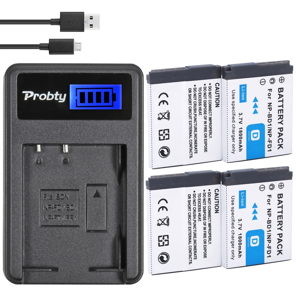 

4Pcs PROBTY NP-BD1 NP BD1 Battery + LCD Charger for Sony Cyber-shot DSC-G3 T2 T70 T75 T77 T90 DSC-T200 DSC-T300 DSC-T500 Camera