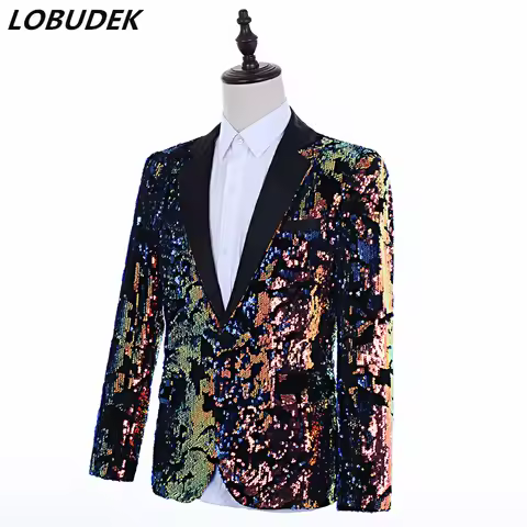 Male Singer Host Bar Nightclub Colorful Sequins Suit Jacket Fashion Stage Costume Sequined Tuxedo Blazers Performance Clothes