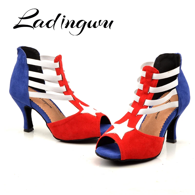 Ladingwu Latin dance shoes Women Suede Red Blue White match wide thin high heel 7.5cm Salsa Performance Ballroom dancing shoes