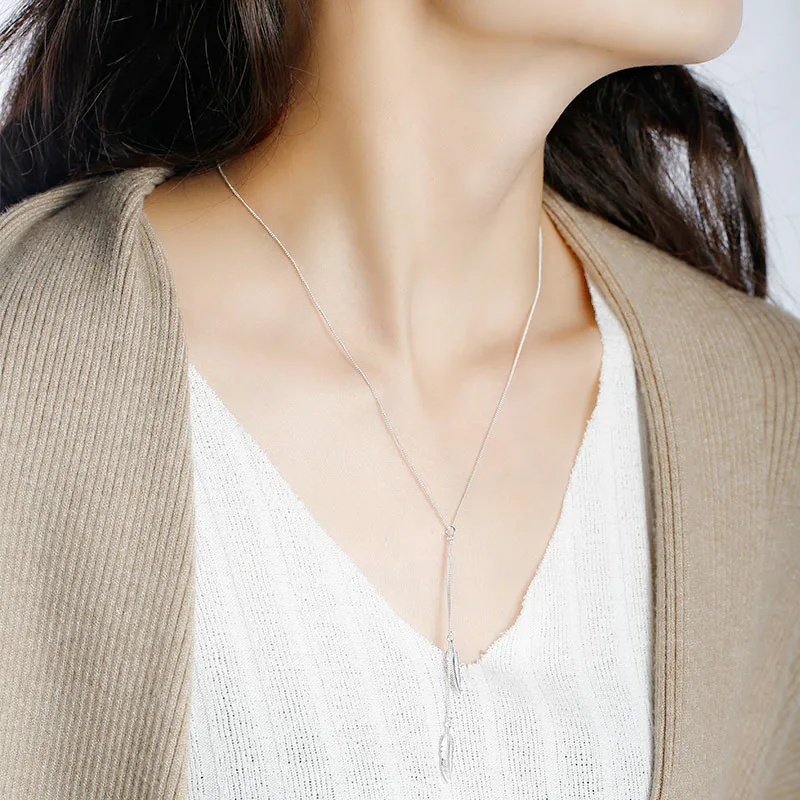 SA SILVERAGE  Fine Jewelry Silver Wedding Pendants For Women Feather Tassel Pendant Necklace Real 925 Sterling Silver Necklaces