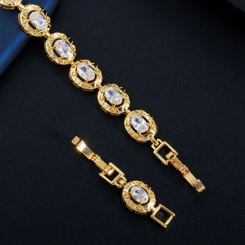 CWWZircons Elegant Dubai Yellow Gold Color Oval Cubic Zirconia Tennis Bracelet for Women Wedding Party Jewelry Accessories CB196