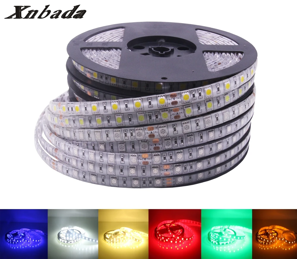 Xnbada DC24V Led Strip 5050SMD 60Led/m White/Warm White/Blue/Red/Green/Yellow/RGB Led Light Tape IP30/IP65