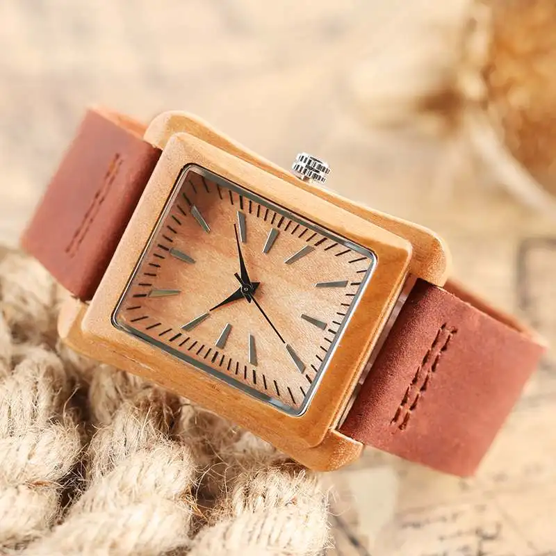 Creative Rectangle Dial Wood Watch Natural Handmade Light Bamboo Fashion Men Women Casual Quartz Wristwatch Genuine Leather Gift