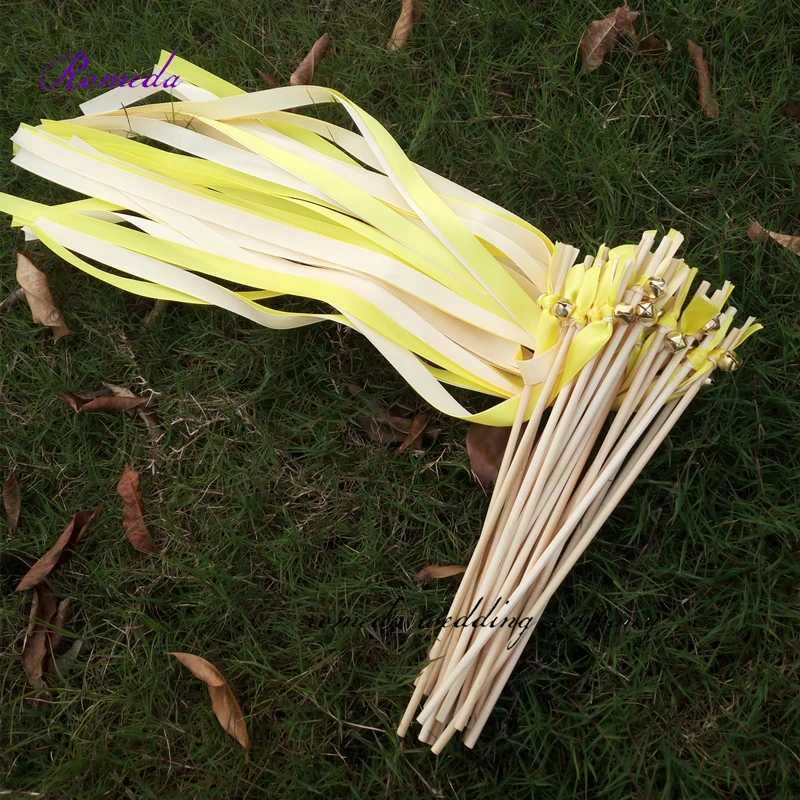 Hot 50pcs/lot yellow and white stain ribbon  wedding wands With  big gold Bells for wedding