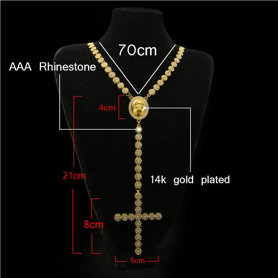 UWIN Iced Out Rosary Flower Necklace Link Bling AAA Rhinestone Gold Color Cross Jesus Head Pendant Mens Hip hop Necklace Chain