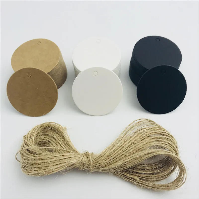 100pcs/lot White Black Brown Kraft Paper Tags Round Luggage Note DIY Name Tag Blank Price Hang Tag Rope 3.5*3.5cm