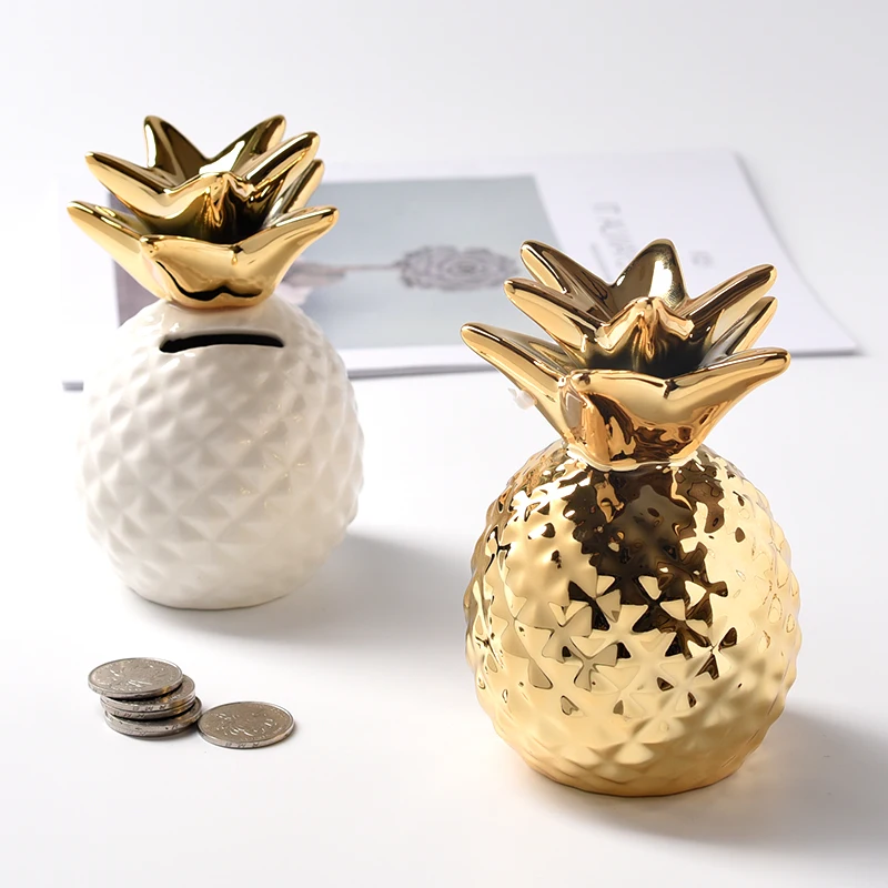 Nordic Small Ceramic Pineapple Money Boxes, Golden Piggy Bank, Saving Box, Home Desktop Decoration