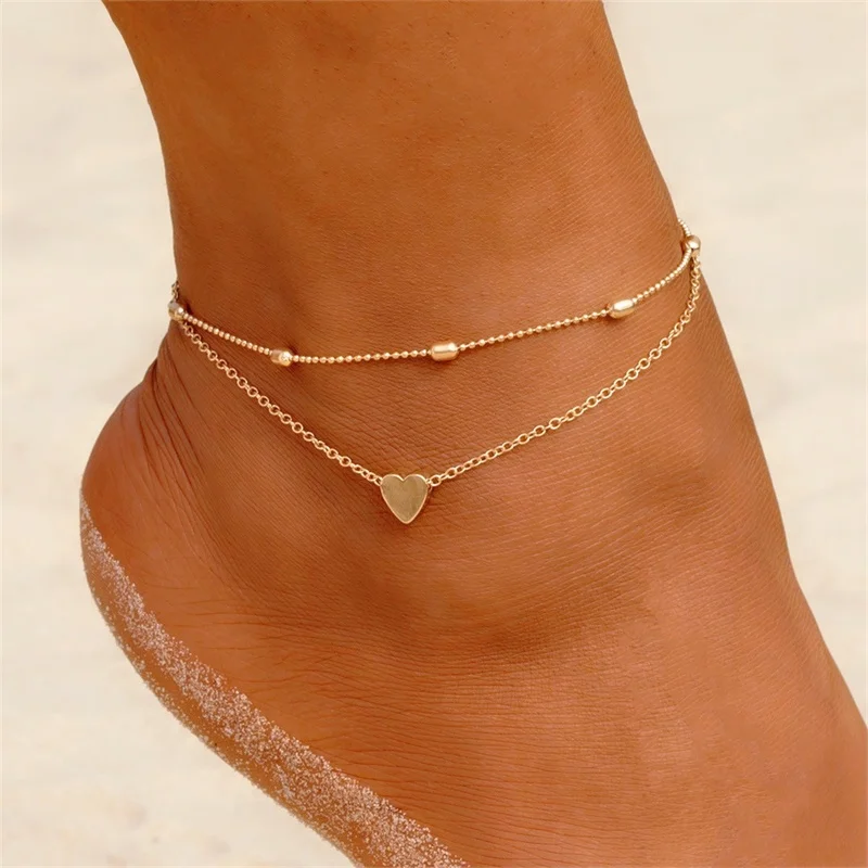 FNIO Two Layers Chain Heart Style Gold Color Anklets For Women Bracelets Summer Barefoot Sandals Jewelry On Foot Leg Chai