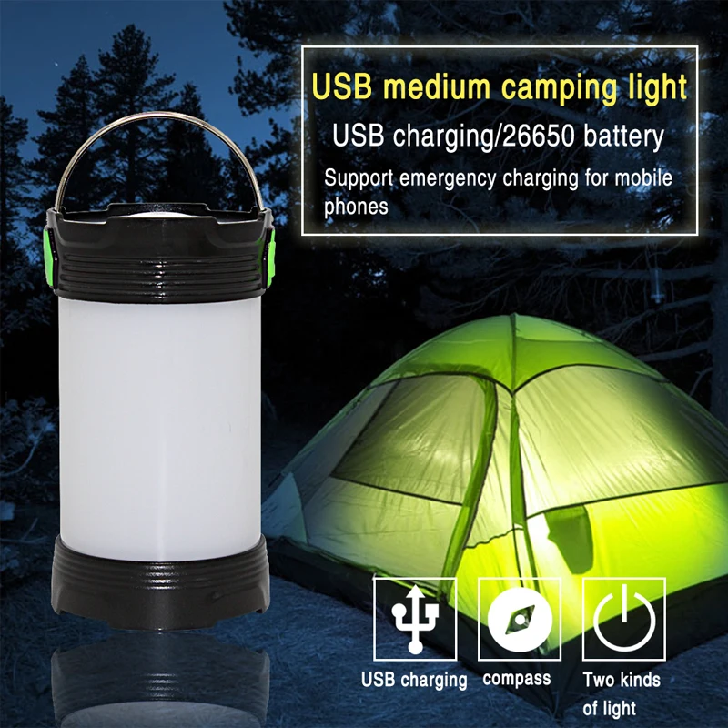 Ultra Bright LED Camping Lantern Hanging Tent Flashlight with Compass Outdoor Collapsible Torch Light Emergency Power Bank