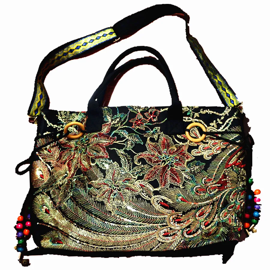 Messenger Bags Women Handbag Ethnic Sequins Canvas Shoulder Bag Ladies Embroidered Crossbody Bags Casual Tote Vintage Sling Bag