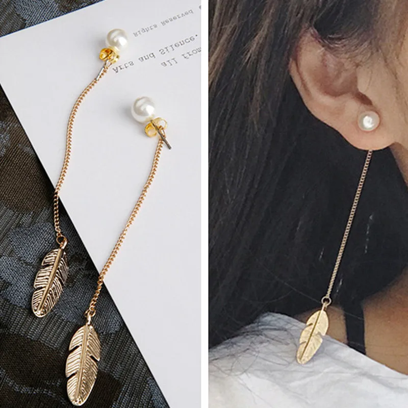 Long Tassel Dangle Earrings for Women Simulated Pearls Top Leaf Feather Pendants Drop Earrings Brincos Bijoux boucle d\'oreille