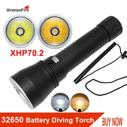 Linterna LED de buceo potente, Chip XHP70.2, luz amarilla/blanca, 4000lm, subacuática, 100m, impermeable, 32650