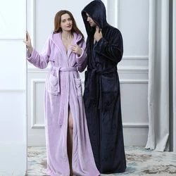 Lovers Extra Long Hooded Warm Flannel Bathrobe Winter Women Men Plus Size Thick Coral Fleece Bath Robe Bride Cozy Dressing Gown