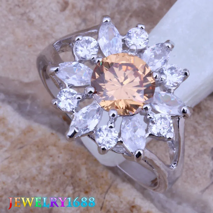 Flower Champagne Morganite White CZ Silver Plated Ring Size 6 / 9 D223