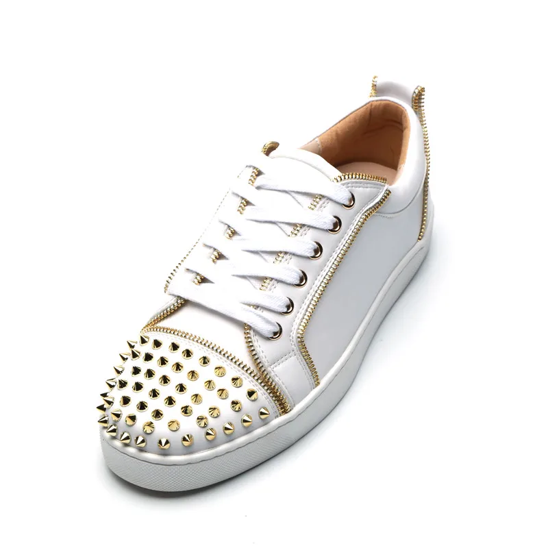 Qianruiti Men Vulcanized shoes Gold Rivet Low Top Fashion Sneakers Zip Trim Round Toe Lace-up Men Spike Runway Sport Shoes