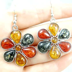 wholesale Natural Precious Modernist Flower pattern TEARDROP GOLDEN HONEY PRESSED AMBERS Jewelry making earring Q25