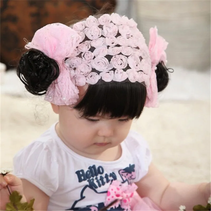 Newborn Pink baby hat Toddler Baby Warm Hat girls Caps Lace Girls Hats Wig fake bangs for Newborn as gift