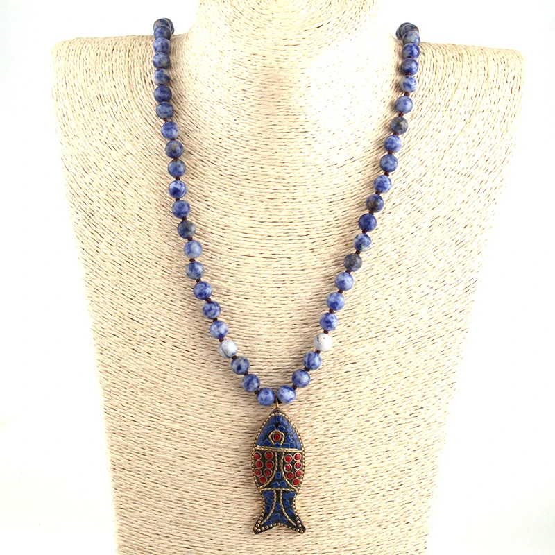 Free Shipping F Artisan Halsband Long Knot Blue Dot Stones Bead Fish Necklaces image 2
