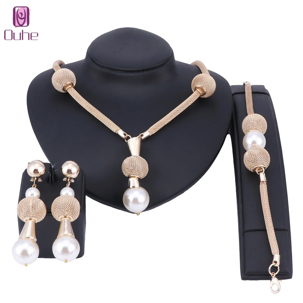 

Dubai Imitation Pearl Jewelry Set Simulated Pearl Gold Color Women Earrings Necklace Bracelet Sets For Women Wedding Party Gift