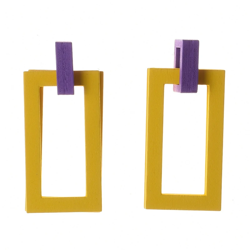 Purple Yellow Geometric Wood Drop Earrings Women Fashion Jewelry Femme Square Round Big Long Boho Wooden Earrings Woman Earrings