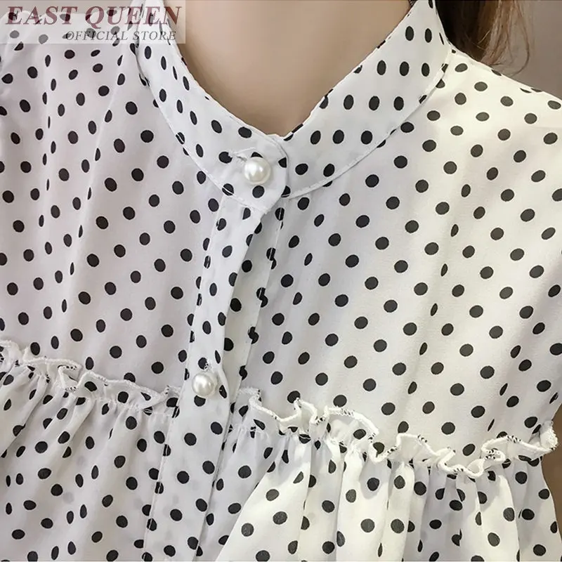 Wanita blus musim panas 2018 berdiri tanpa lengan polka dot print ruffles chiffon blus kemeja wanita fashion wanita tops DD579 L