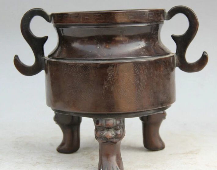 

FREE SHIPPING S2136 9" Chinese palace Purple Bronze 3 Foot Lion Head handle Incense Burner Censer