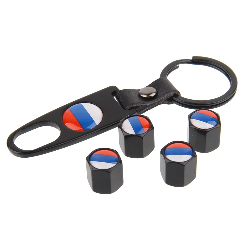 4Pcs/Set Rline Russia Logo Metal Car Tire Valve Stem Cap Air Dust Covers Tool Wrench Keychain Car Styling For Russian Flag