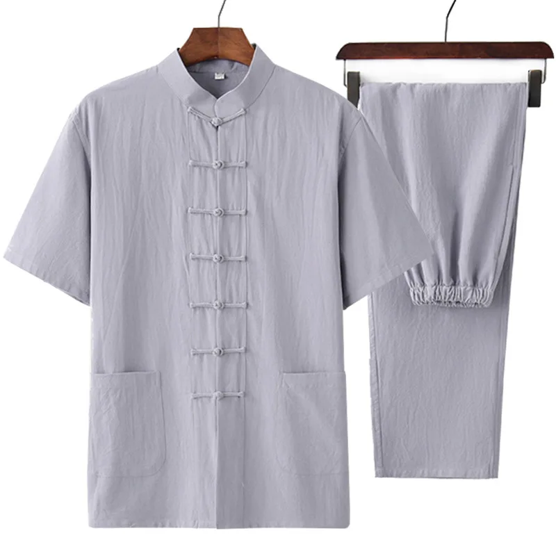 Chinese Single Breasted Wing Chun Clothing Summer Casual Men Cotton Linen Tang Suit Loose Mandarin Collar Kung Fu Set M-4XL