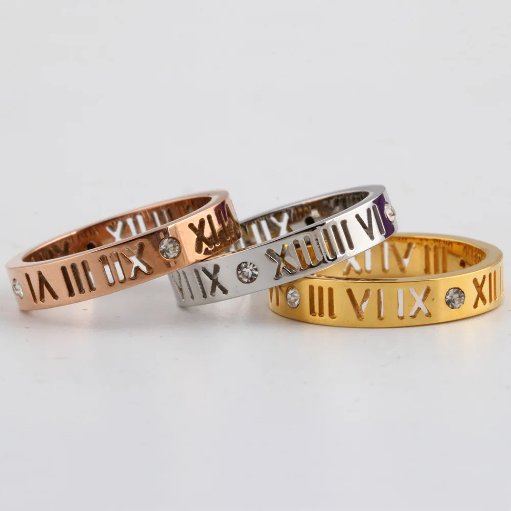 Stainless Steel CZ Roman Numeral Ring for Women Girls,Rose Gold Plated With Crystal
