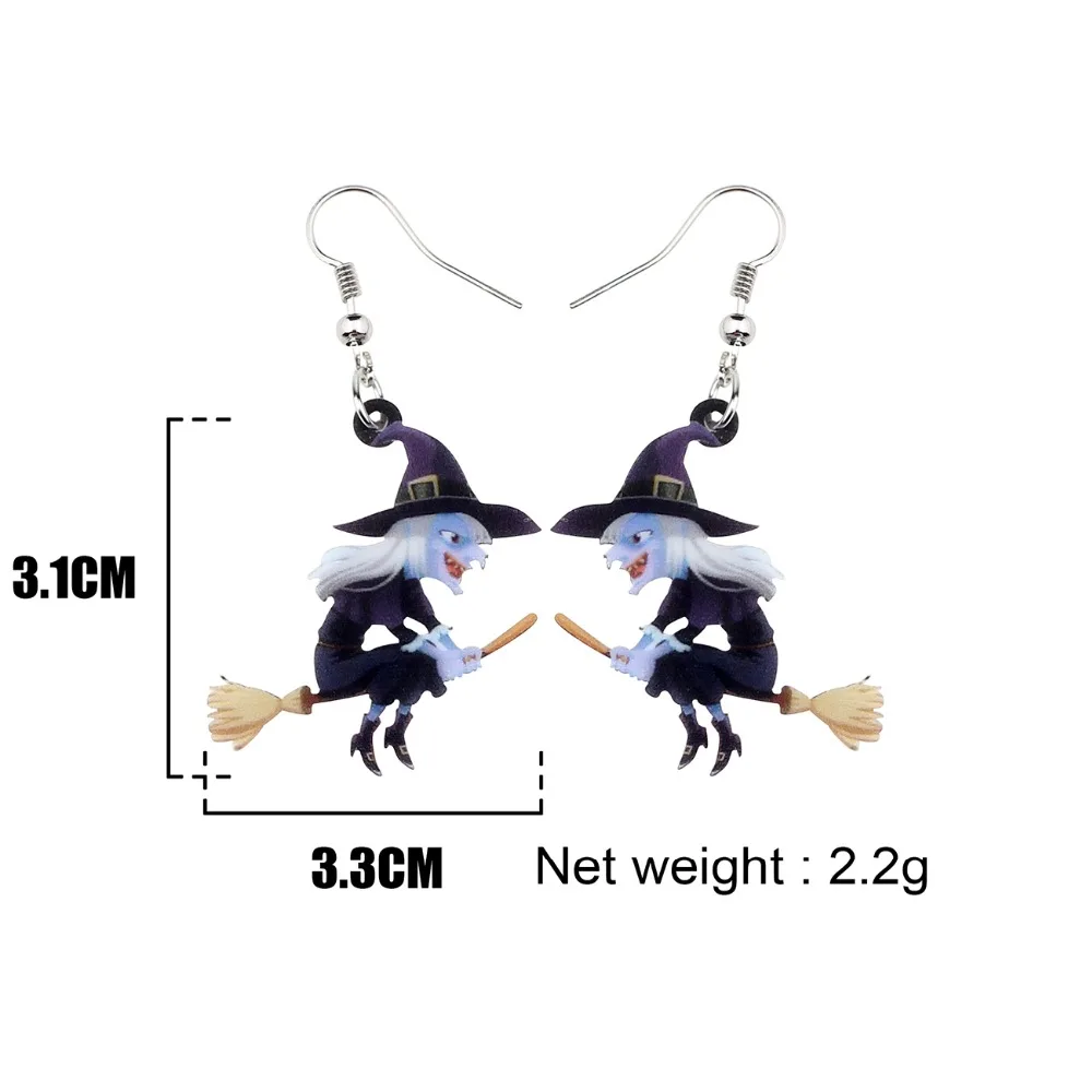 WEVENI Acrylic Animal Halloween Broomstick Witch Earrings Drop Dangle Fashion Cartoon Jewelry For Women Girls Teens Gift Charms