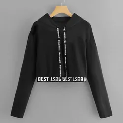 Autumn Winter Short Pullover Fashion Letter Print Sweatshirt Casual Hoodie Blouse Tops Female Women Long Sleeve Shirt Pullover