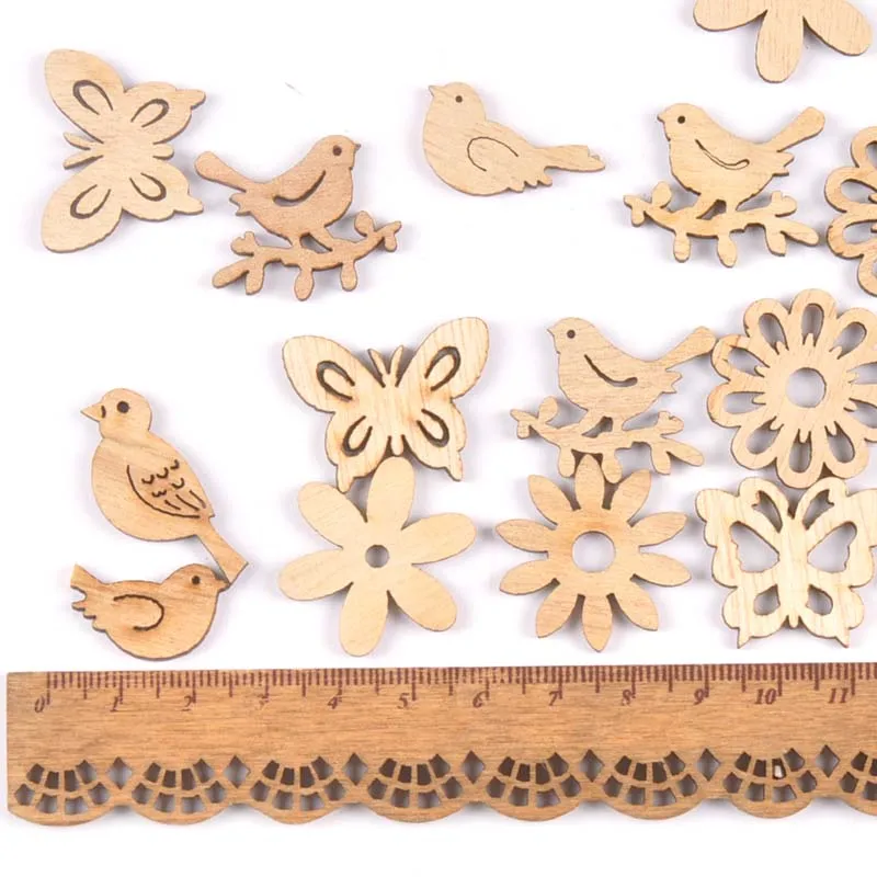 50pcs 22-30mm Natural Wood Crafts Butterflies and birds DIY Scrapbooking For Wooden Ornament Home Decoration m2504