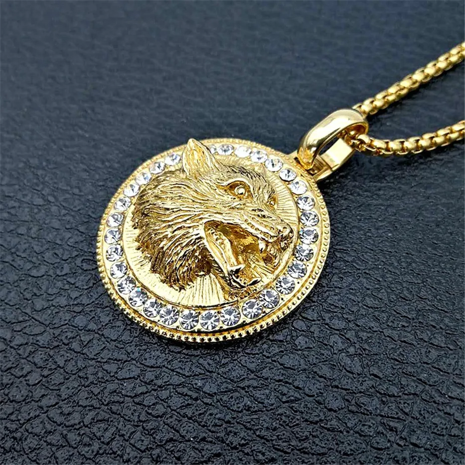 Iced Out Wolf Head Necklaces Pendants For Women/Men Gold Color Stainless Steel Rhinestones Necklace Hip Hop Bling Jewelry