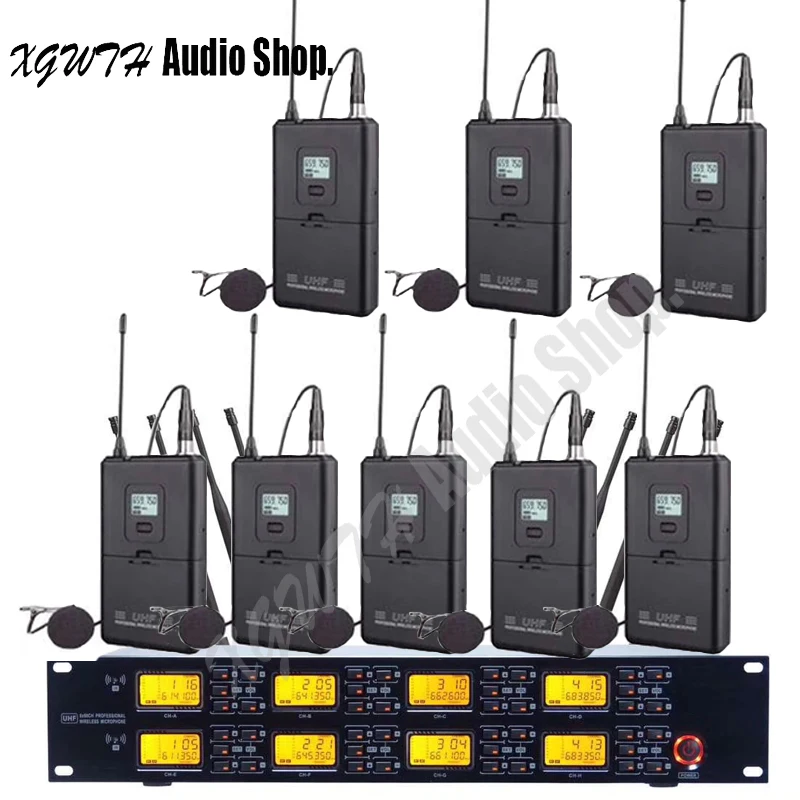 

Professional UHF Wireless Lavalier Lapel Collar Clip-on Microphone System 4 or 8 Mic 1 Wireless Receiver Cable LCD Display