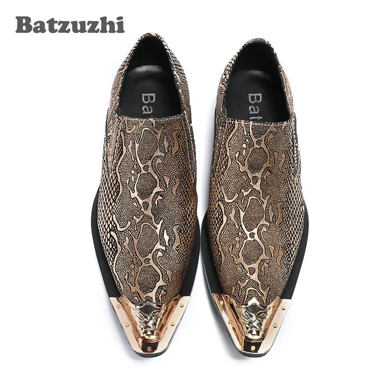 

Batzuzhi Handmade Men Shoes Pointed Metal Toe Snake Pattern Leather Men Leather Dress Shoes Gold Oxfords Zapatos Hombre, US12