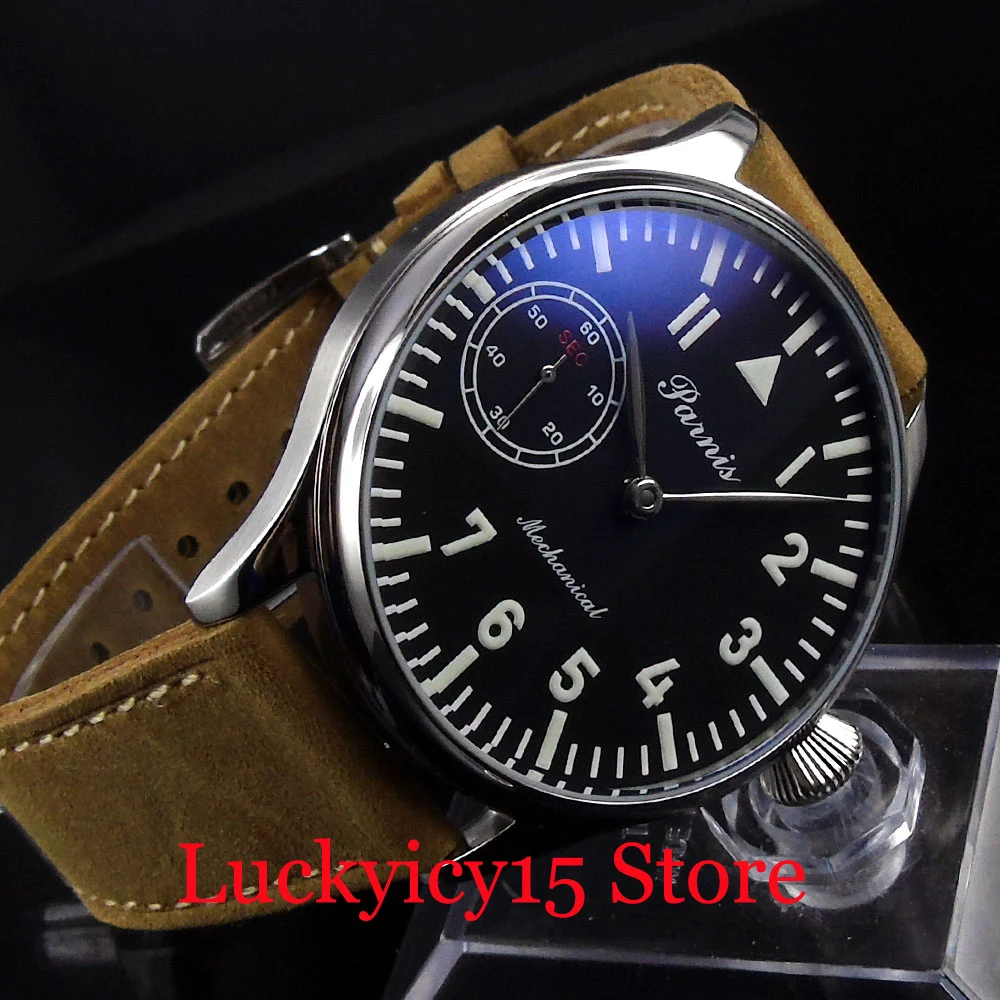 PARNIS Mechanical Hand Winding Men's Watch 44mm Round Wristwatch 17 Jewels 6497 Movement