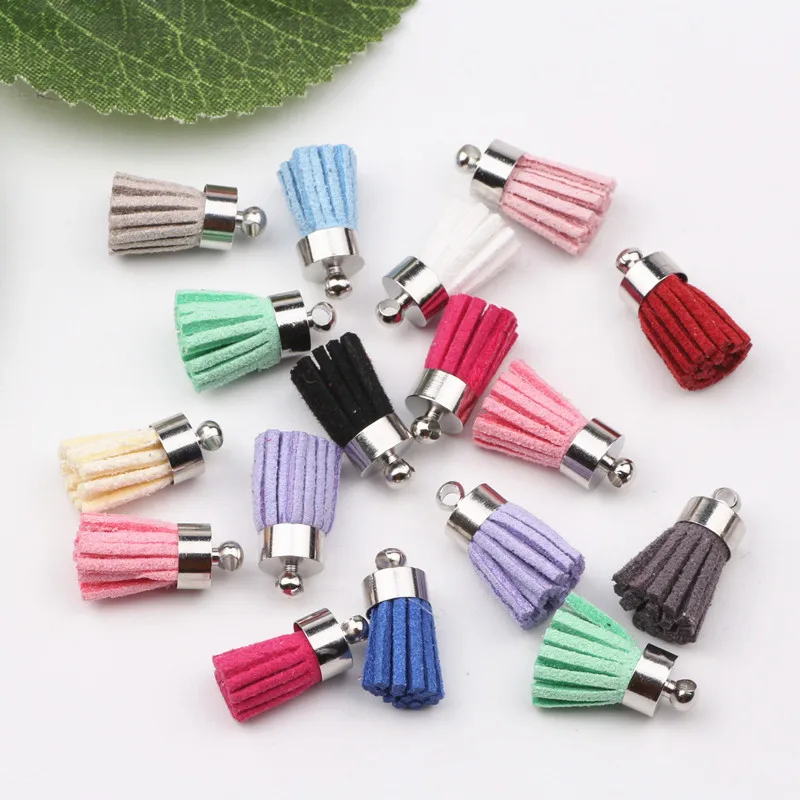 

100pcs Mix Colors Suede Small Tassel For Keychain Leather Tassels Silver Caps Straps DIY Jewelry Making Charms Pendants