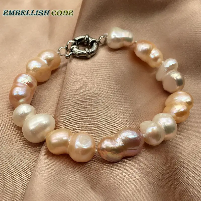 

selling well baroque pearl bracelet bangle mixed white peach purple color Peanut gourd shape natural freshwater pearls