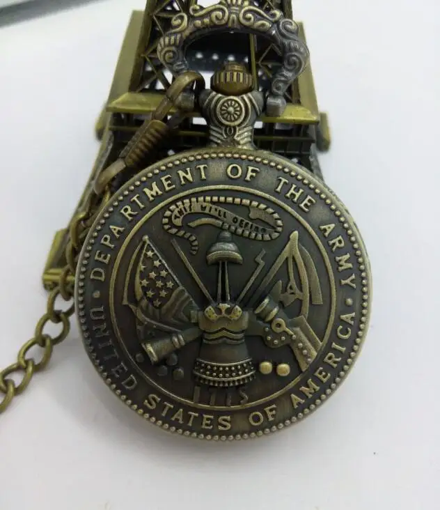 New style Vintage Bronze The USA Department Of The Army Pocket Watch With FOB Chain men gift PL368