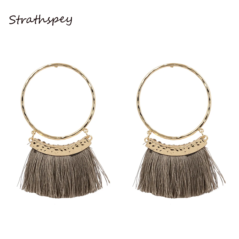 STRATHSPEY Bohemia Tassels Dangle Earrings Women Accessories Cotton Handmade Fringed Earrings Ethnic Jewelry Gold Color Circle