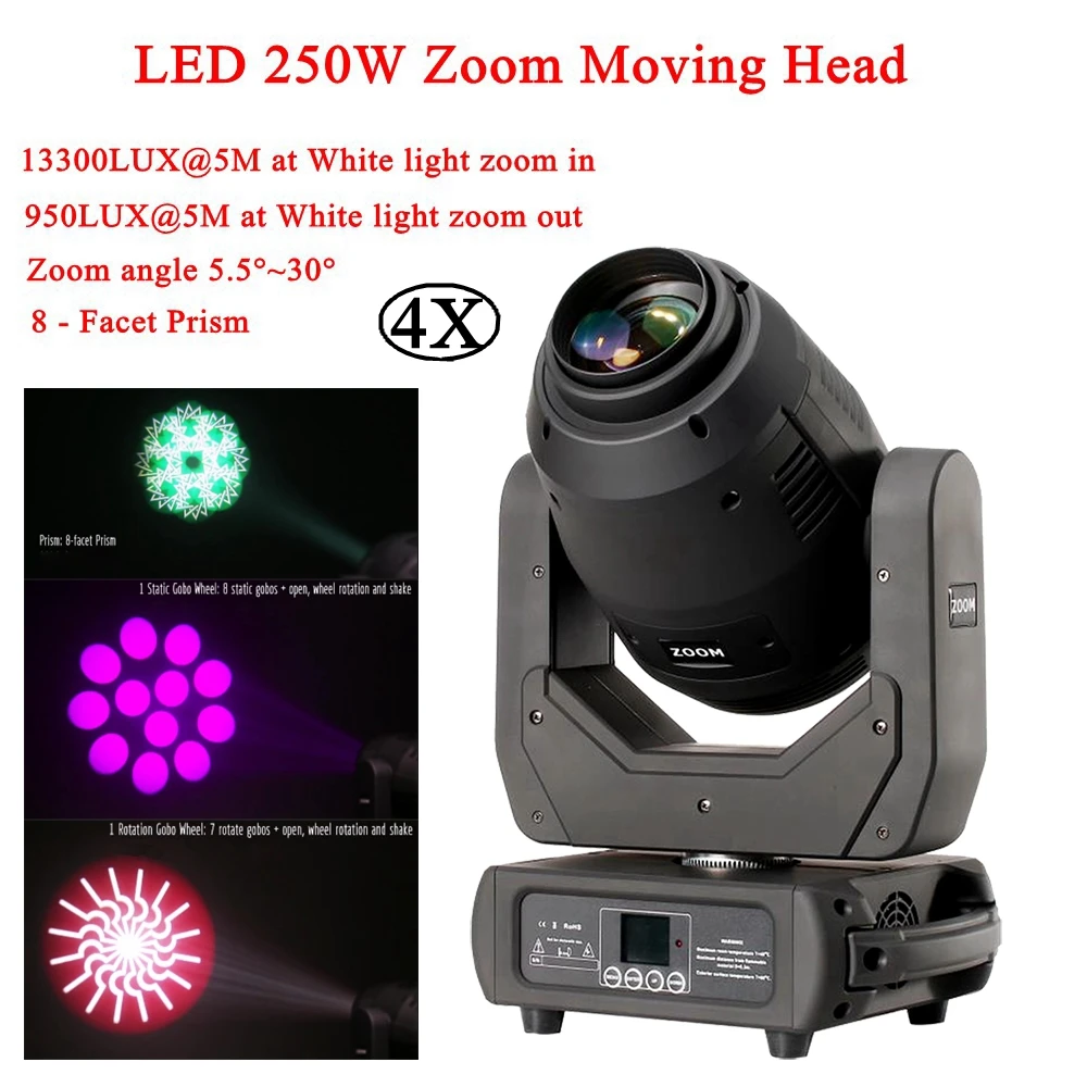 4Pcs/Lot Moving Head LED 250W Beam Spot Wash 3IN1 Stage Lighting Professional DMX512 For Disco DJ Music Party KTV Nightclub