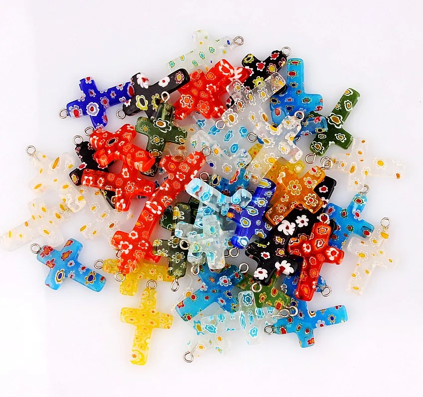 QianBei Wholesale 20pcs /Lot Mix Color Murano Glass Cross Beads Silver Core Fit For European Charm NECKLACE