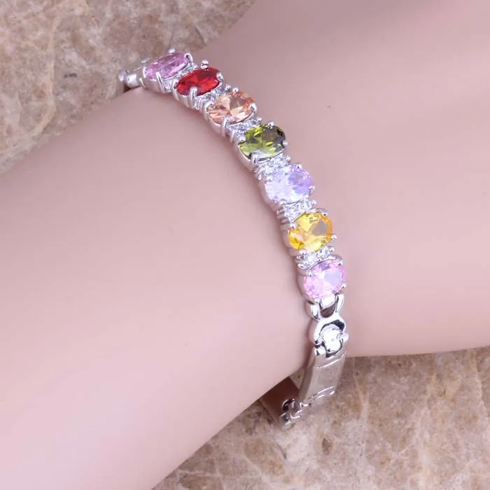 Attractive Multigem Multicolor Cubic Zirconia Silver Plated Link Chain Bracelet 7 inch S0516