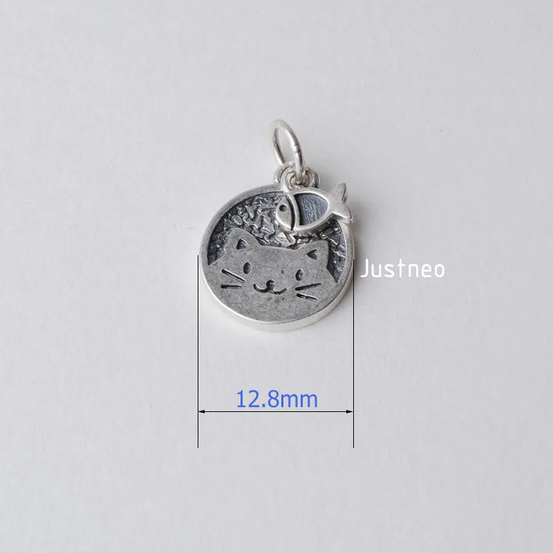solid 925 Sterling Silver kitten with Small fish Pendant Charm, Thai Silver spacer bead charms for silver jewelry